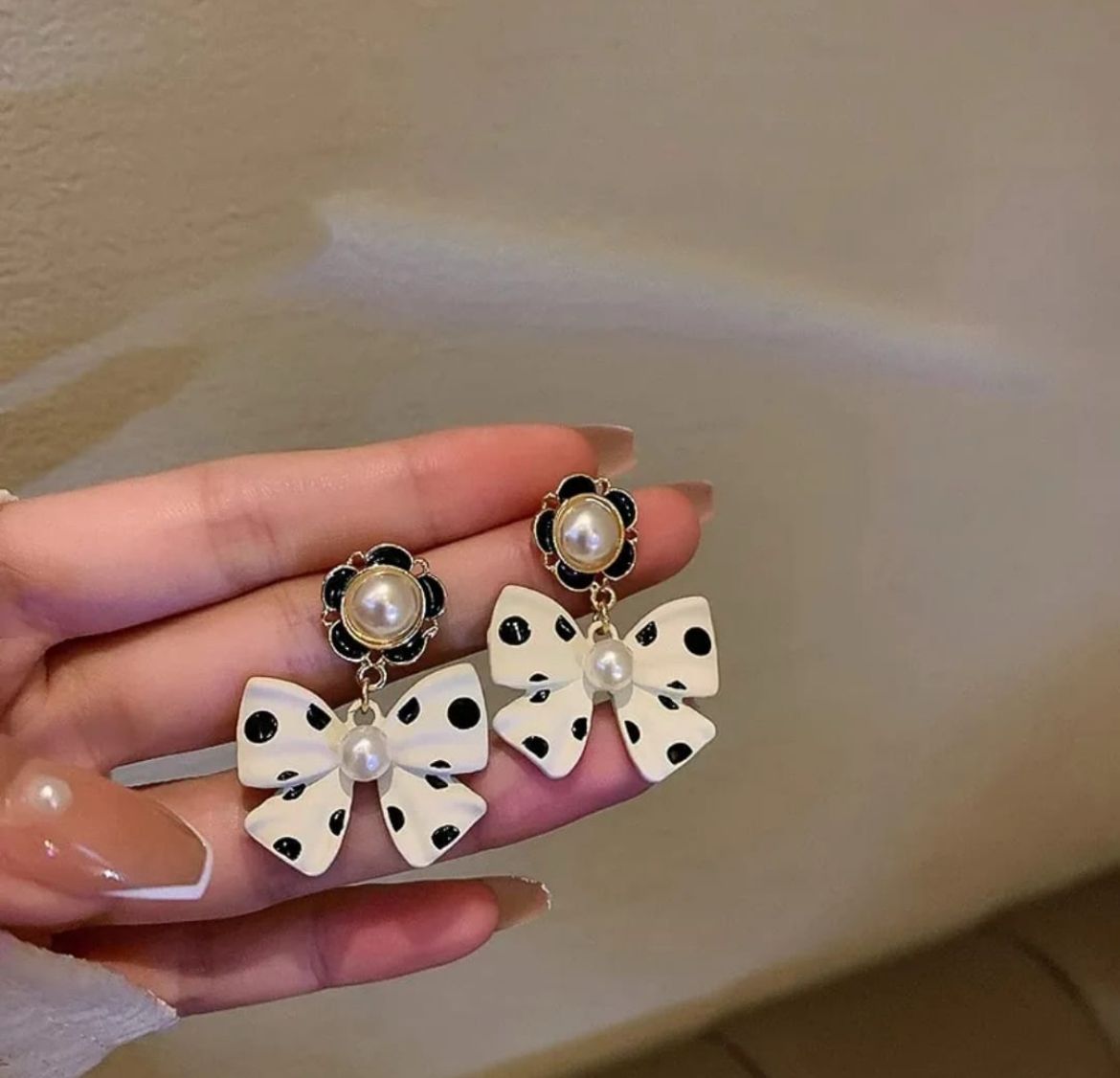 Vintage Polka Pearl Bow Drop Earrings