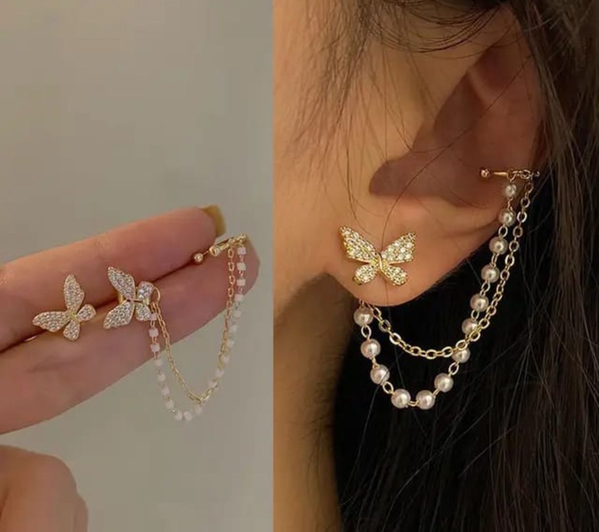 Butterfly Bliss Pearl Chain Studs – Dual Style Charm