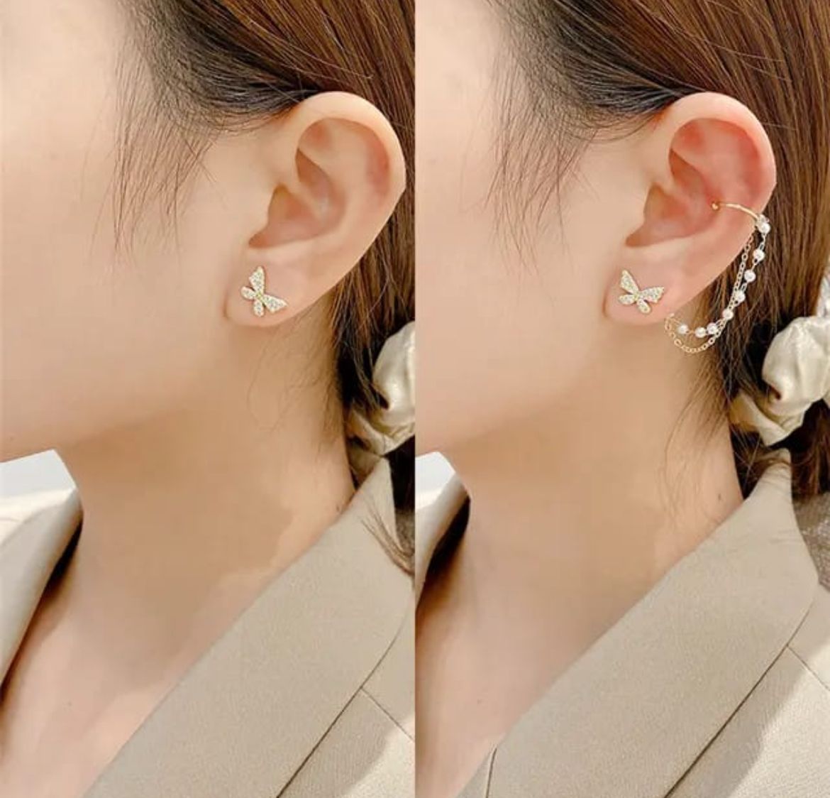 Butterfly Bliss Pearl Chain Studs – Dual Style Charm
