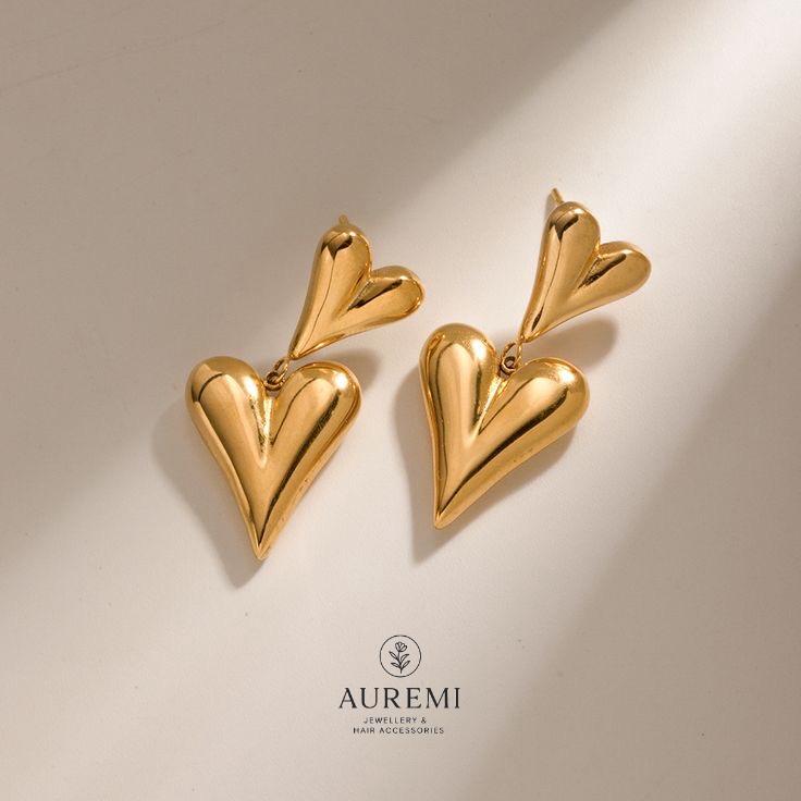 Golden Double Heart Drop Earrings