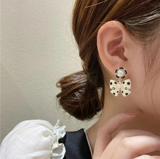 Vintage Polka Pearl Bow Drop Earrings