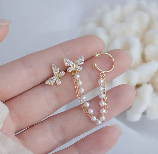 Butterfly Bliss Pearl Chain Studs – Dual Style Charm