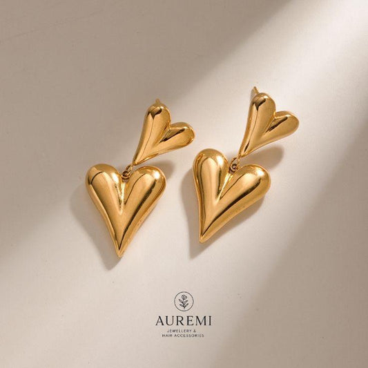 Golden Double Heart Drop Earrings